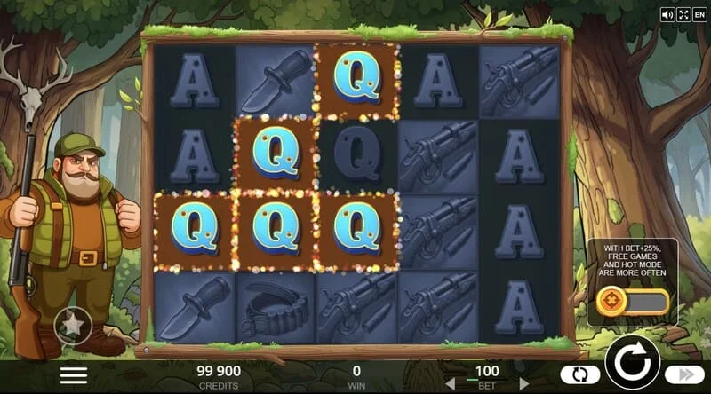 Hunt the Bucks - หน้าจอเกมหลัก 5x4 พร้อมสัตว์ป่าและสัญลักษณ์ Coin