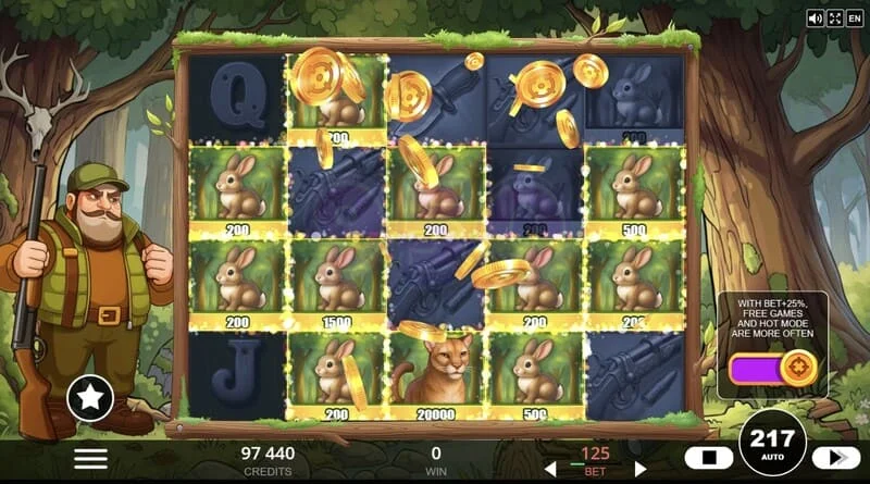Hunt the Bucks - สัญลักษณ์พิเศษ Hunter-Wild, Scatter และ Animal Credit บนตาราง